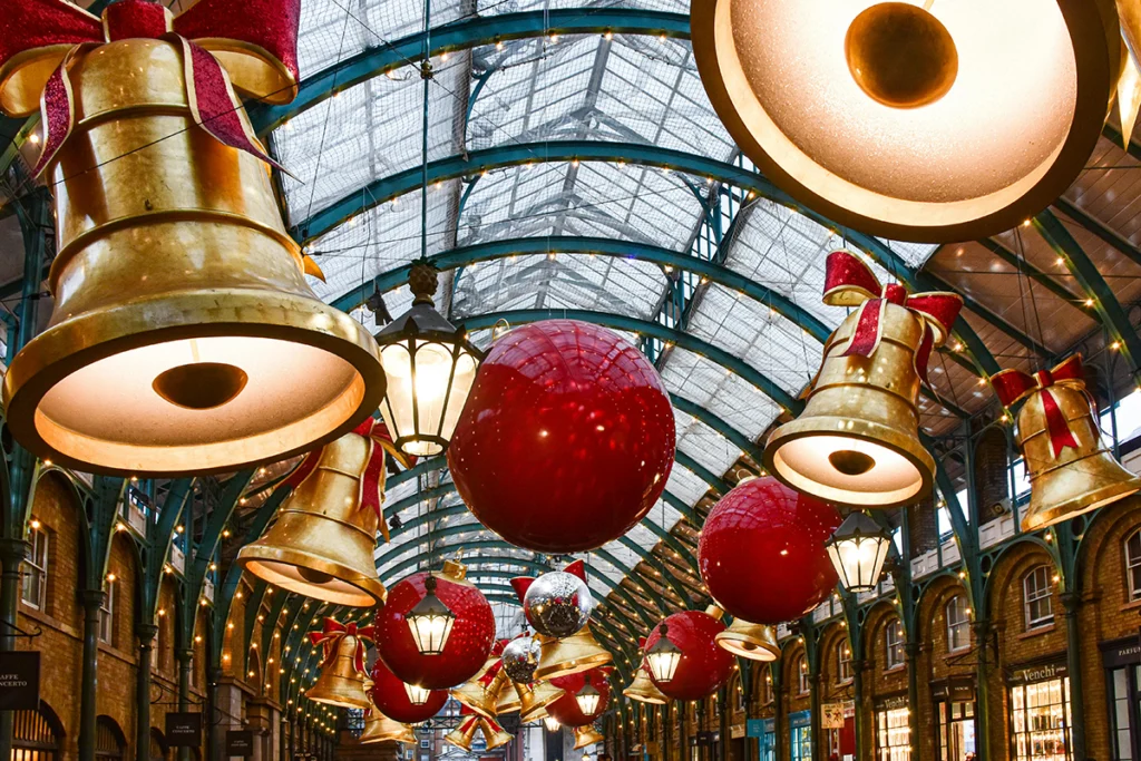 High level Christmas lights in a shopping center