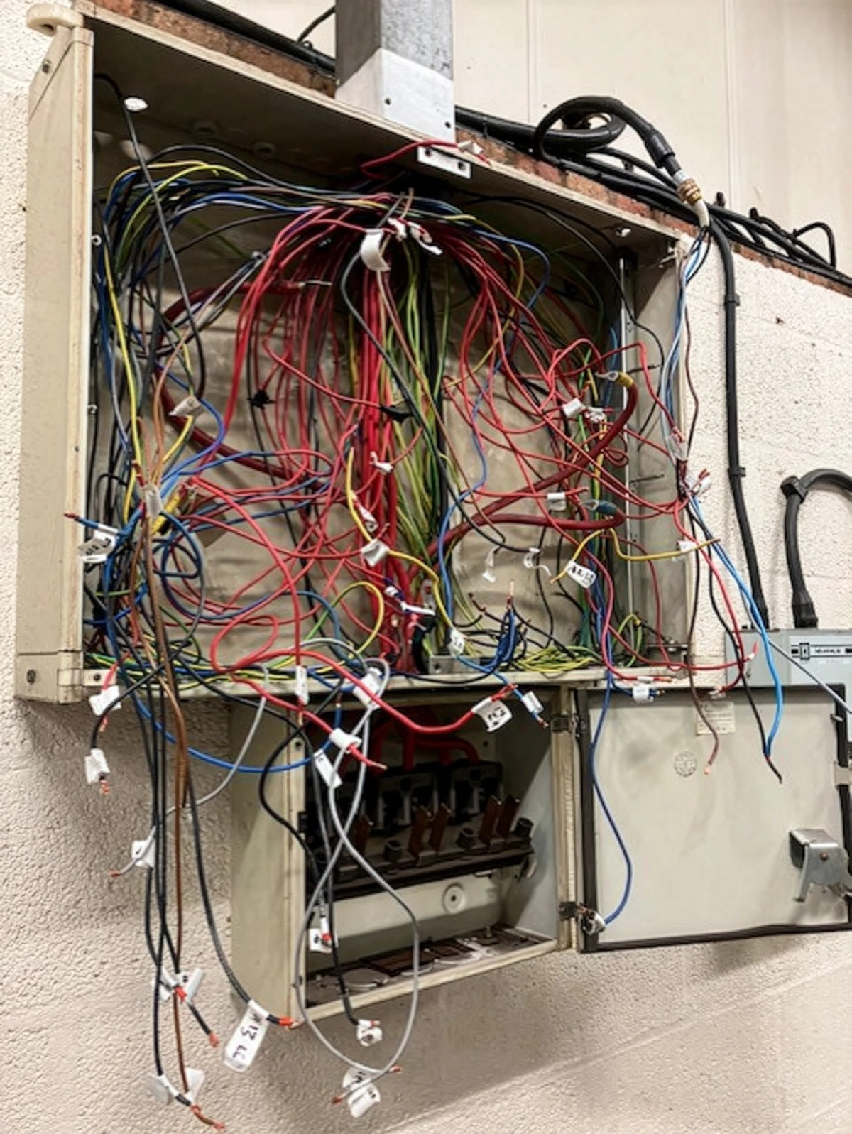 Industrial electrical box filled with densely packed coloured control wires.