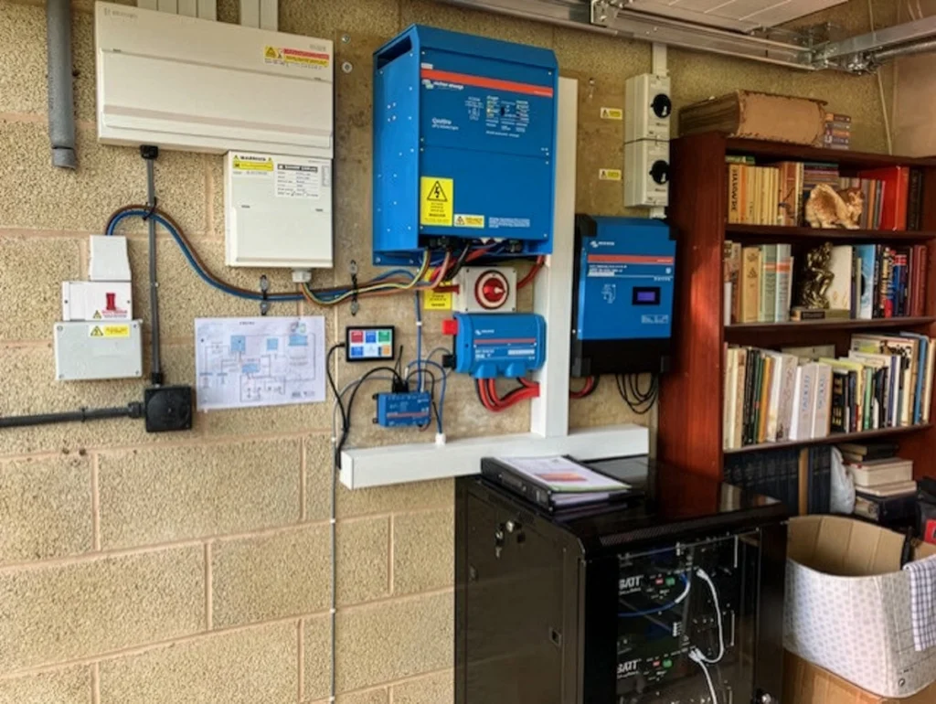 Solar inverter and battery storage equipment neatly installed on an internal wall.